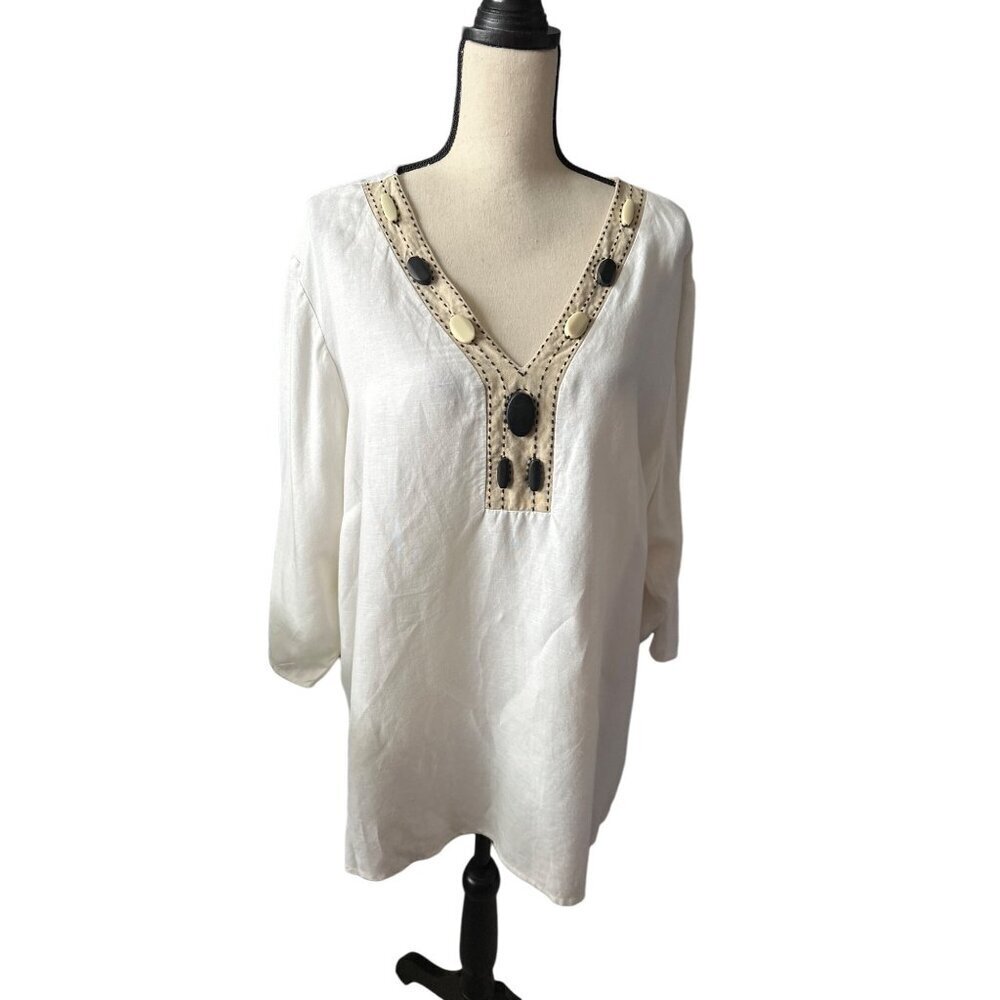 Russell Kemp Linen Blend Blouse White V Neck Stone Accents Size 2X